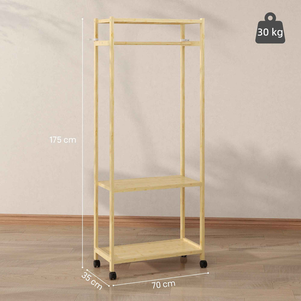HOMCOM Freestanding Coat Rack with Rail, Shelves and 4 Bamboo Wheels, 70x35x175 cm, Natural Wood