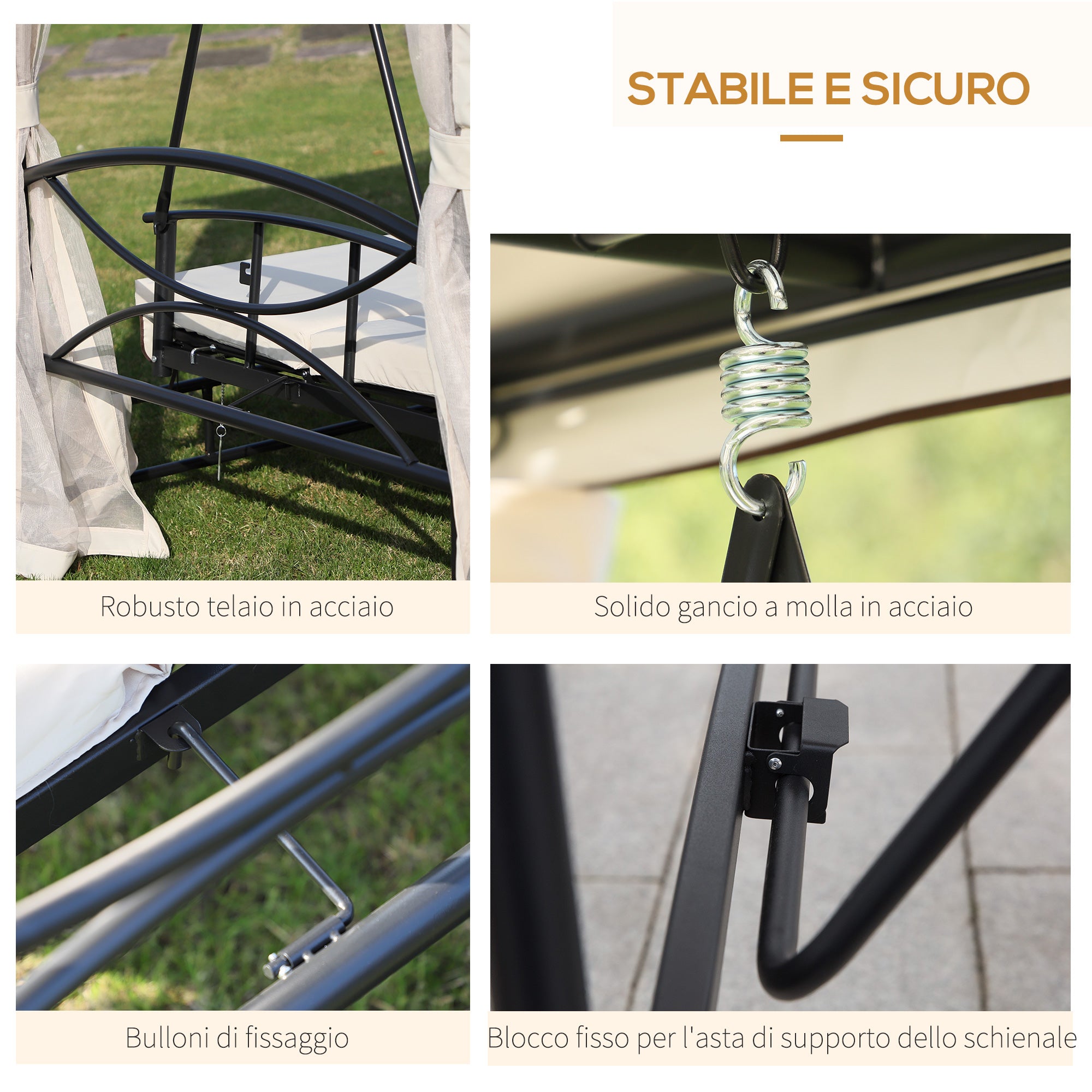 3-Seater Swing and Single Sun Lounger Gazebo Cover with Mosquito Net and Cushions 256x172x248cm Cream