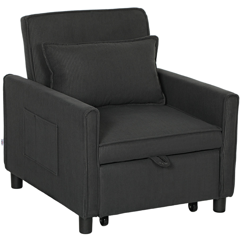 Reclining Armchair Bed with Side Pockets, in Velvet Effect Fabric, 74x84x81 cm, Dark Gray