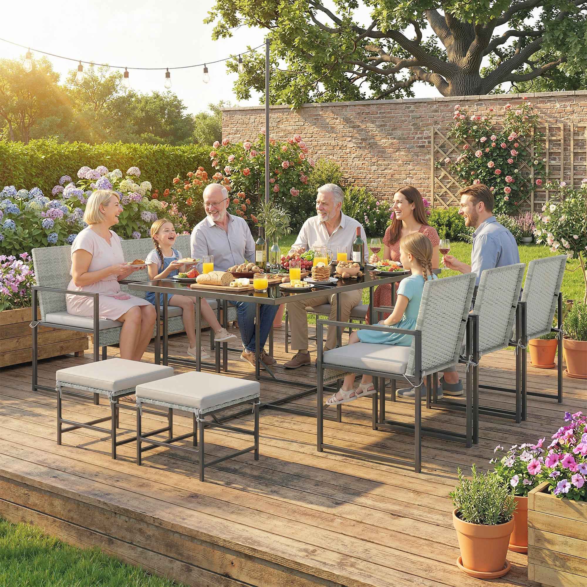 Outsunny 11-Piece Patio Dining Set, Outdoor Furniture with 6 Armchairs, 4 Ottomans, Grey