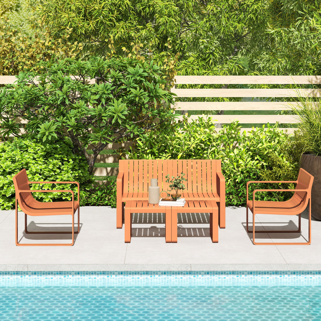 5 Piece Slatted Garden Set with Sofa, 2 Armchairs and 2 Coffee Tables in Orange Polypropylene