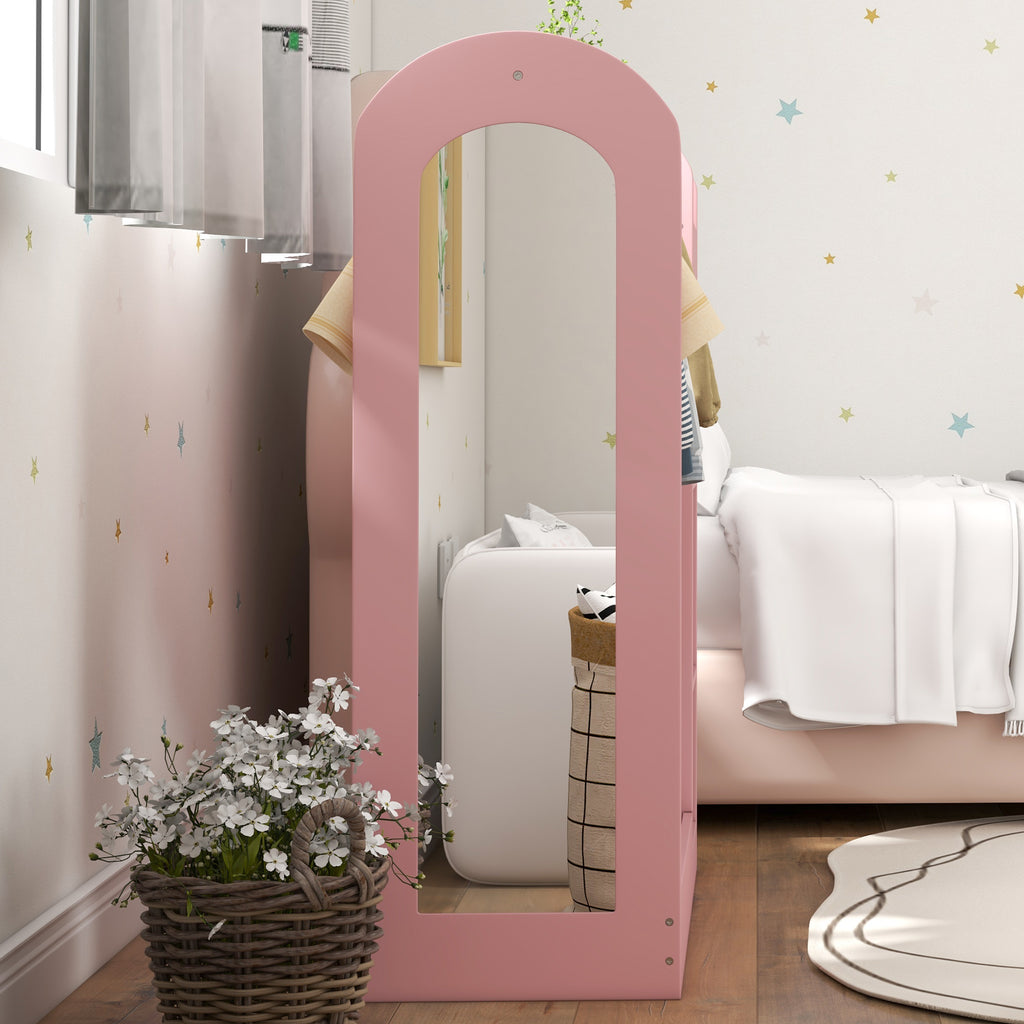 Children's Coat Rack Open Wardrobe with Shelves, Boxes, and Wooden Mirror, Pink