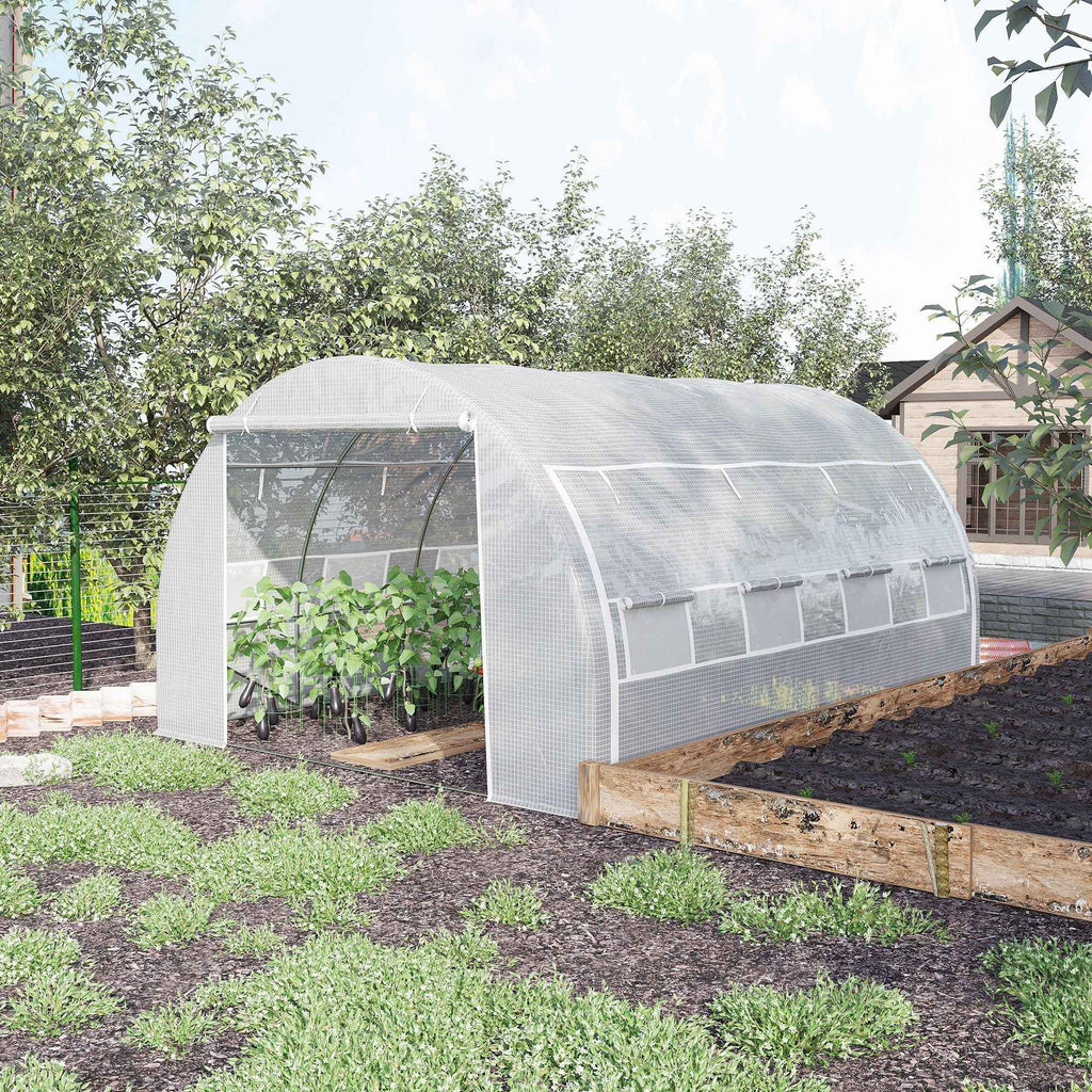 Outsunny Tunnel Greenhouse with Door, Panels and 8 Roller Windows, in Galvanized Steel and PE, 3.97x3x2 m, White