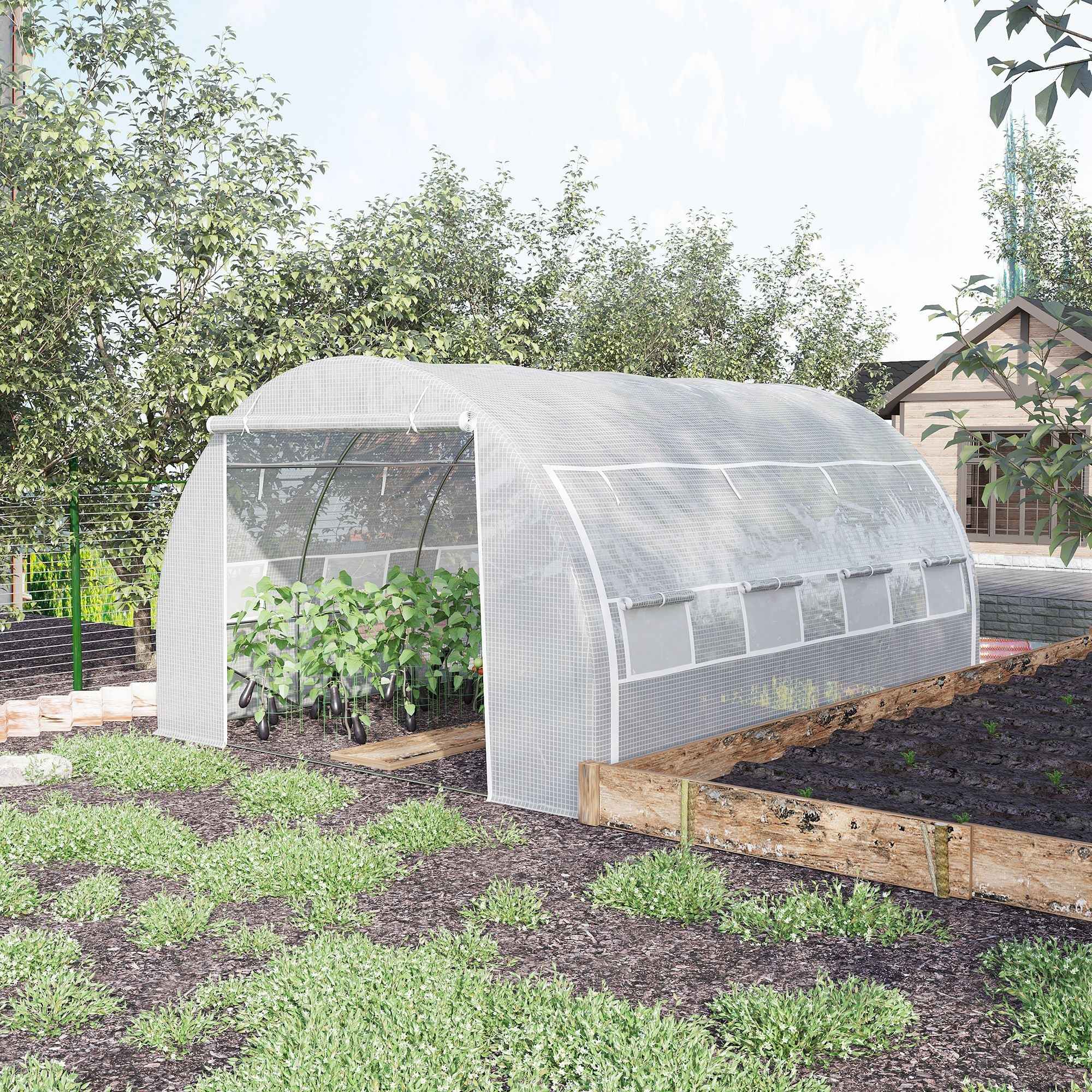 Outsunny Tunnel Greenhouse with Door, Panels and 8 Roller Windows, in Galvanized Steel and PE, 3.97x3x2 m, White