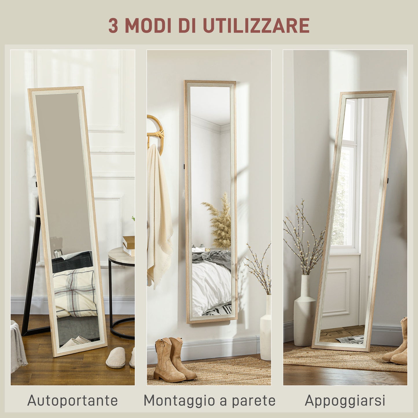 Modern Full-Length Wall Mirror Freestanding Mirror, 37x157 cm, White and Wood