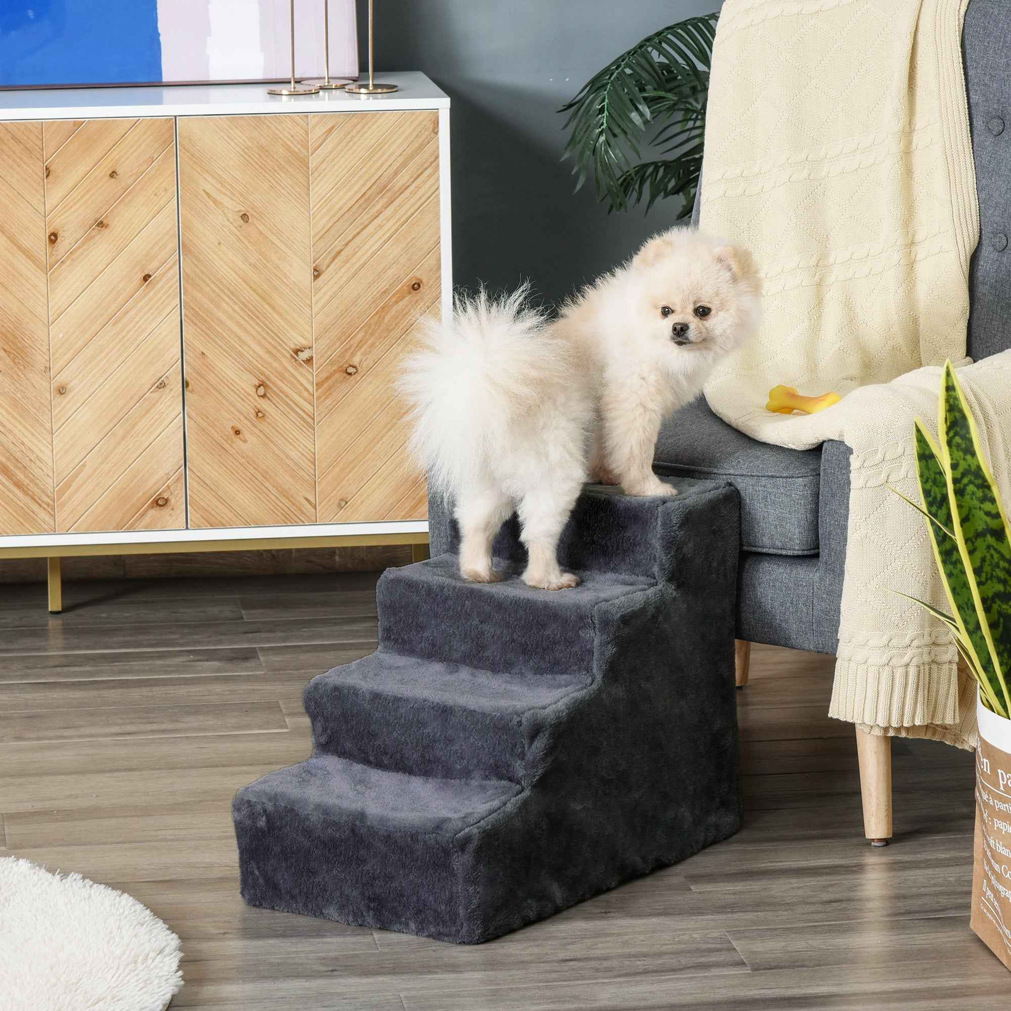 PawHut Portable 4-Step Dog Stairs, Removable Velvet Fabric and Wood, 60x35x44 cm, Dark Grey