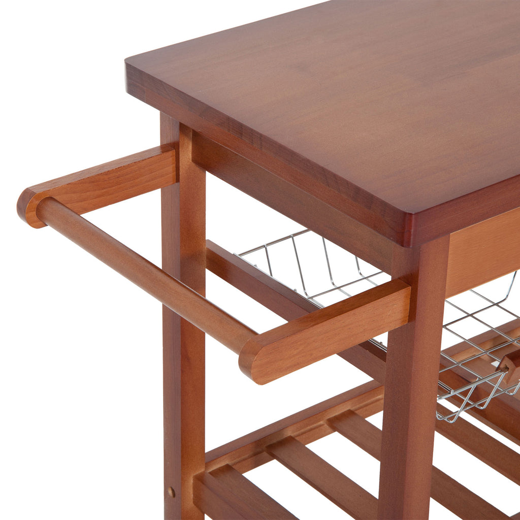 HOMCOM Wooden Kitchen Serving Trolley with Bottle Holder, Basket, 2 Shelves, 2 Drawers, Pine Wood, Durable, Easy to Use, Versatile, 84.5x37.2x85 cm