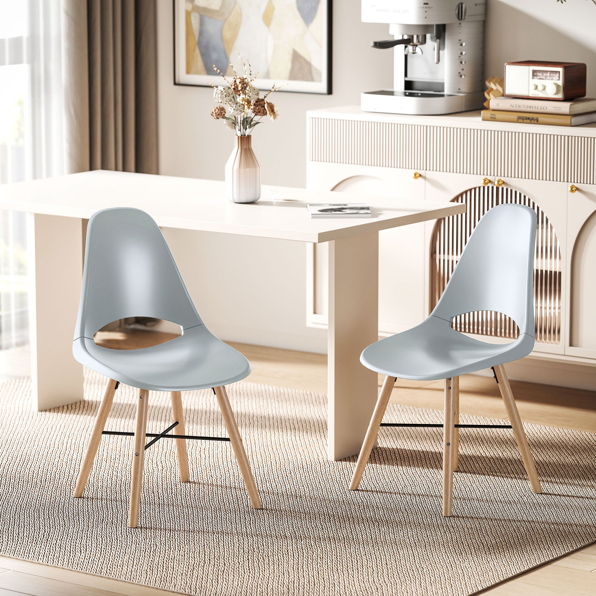 Set of 2 Nordic Style Plastic and Wood Dining Chairs with Curved Backrest, Grey