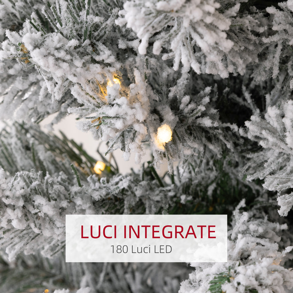 Snow-Covered Christmas Tree with 405 Branches and White LED Lights in Plastic and Metal, Ø57x210 cm, Green