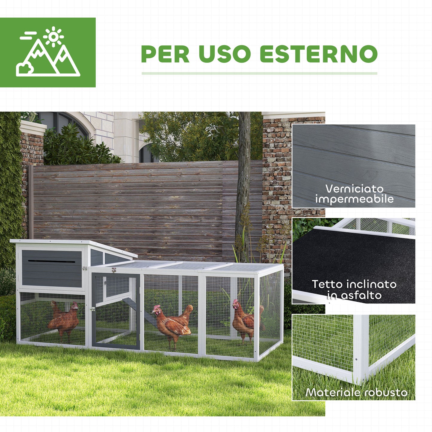 Chicken Coop with House, Nesting Box and Outdoor Area, 214x101x 91.5cm, Grey