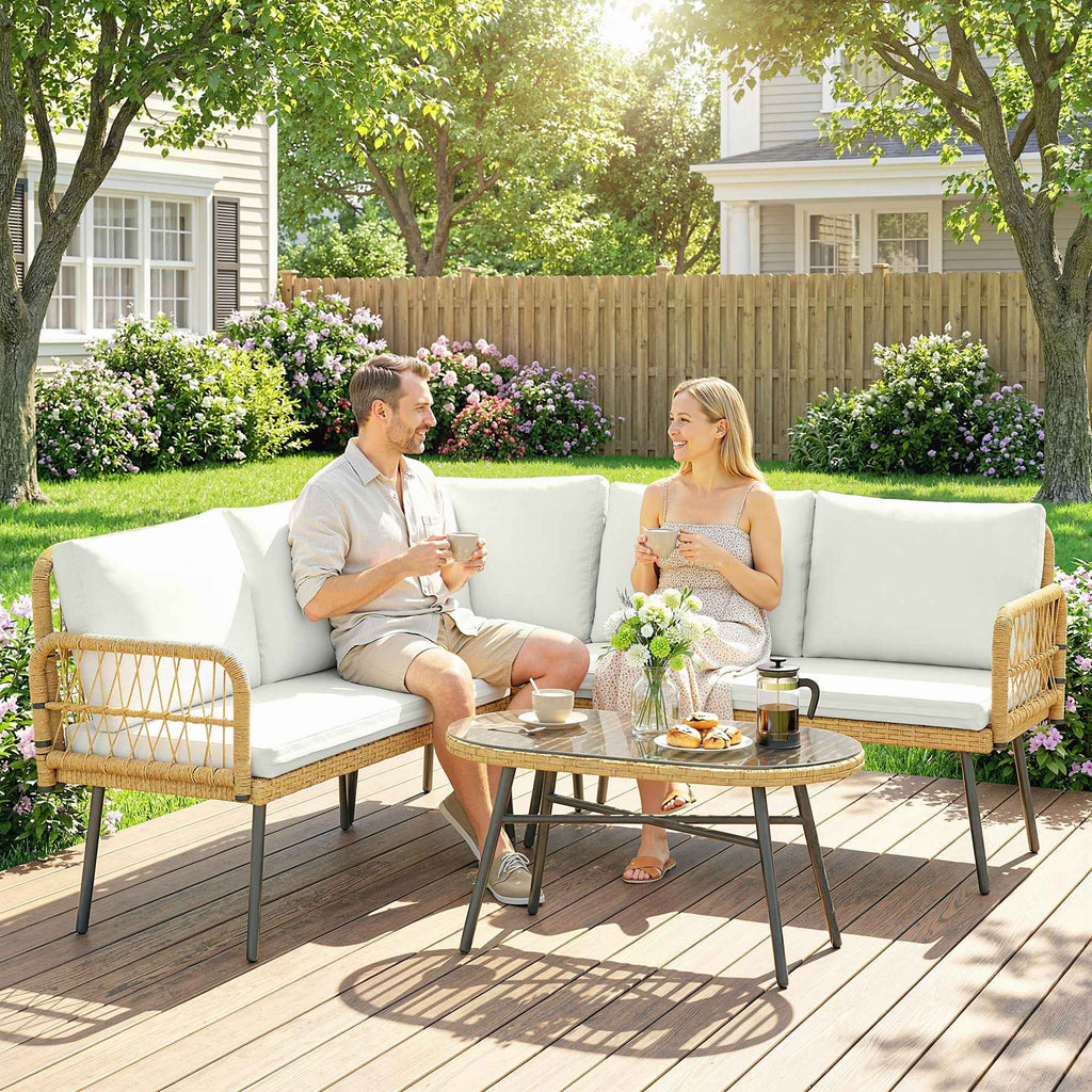 Outsunny 4-Piece Garden Lounge Set with 2 Two-Seater Sofas, Corner Sofa and Coffee Table, Steel and Rattan, Wood and Cream