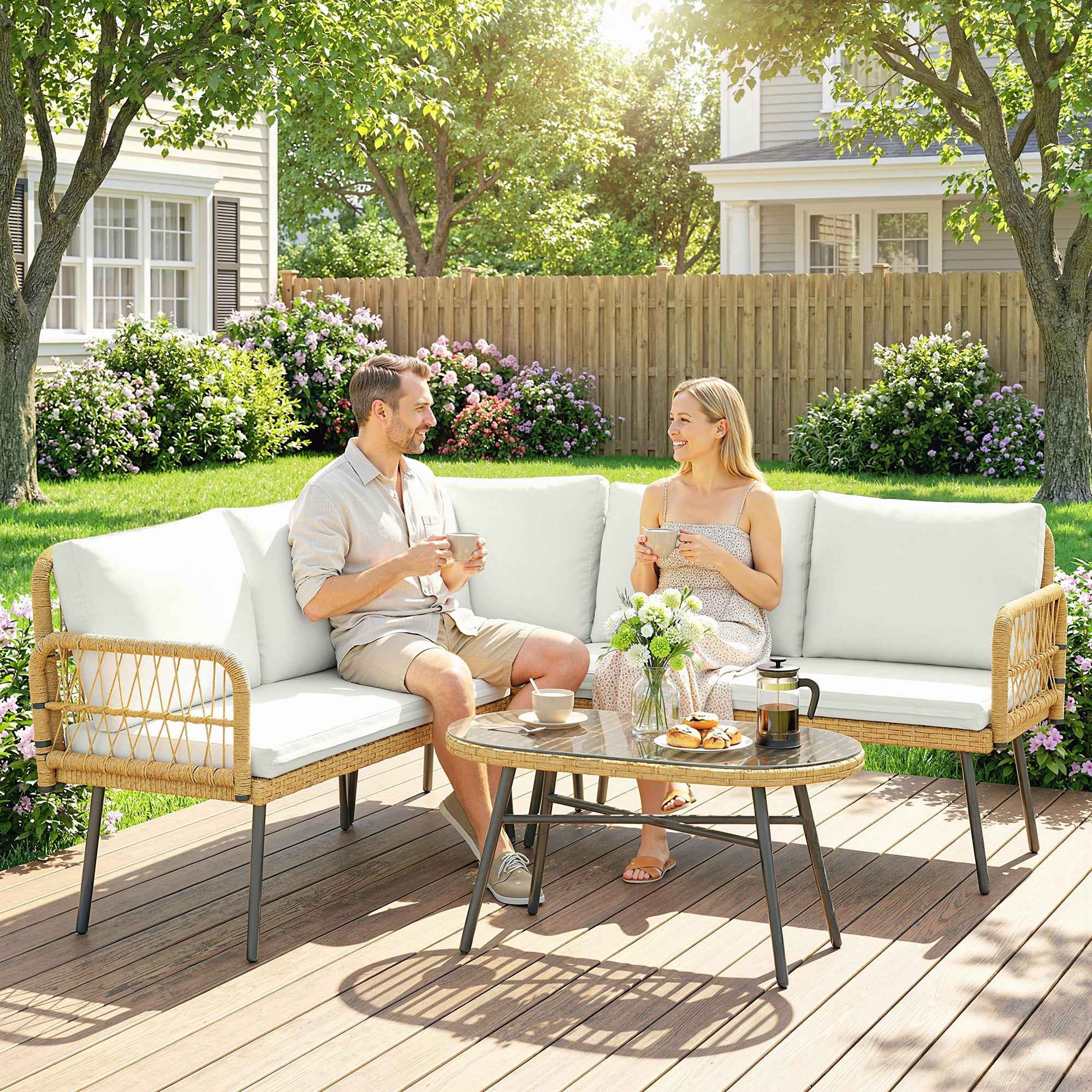 Outsunny 4-Piece Garden Lounge Set with 2 Two-Seater Sofas, Corner Sofa and Coffee Table, Steel and Rattan, Wood and Cream