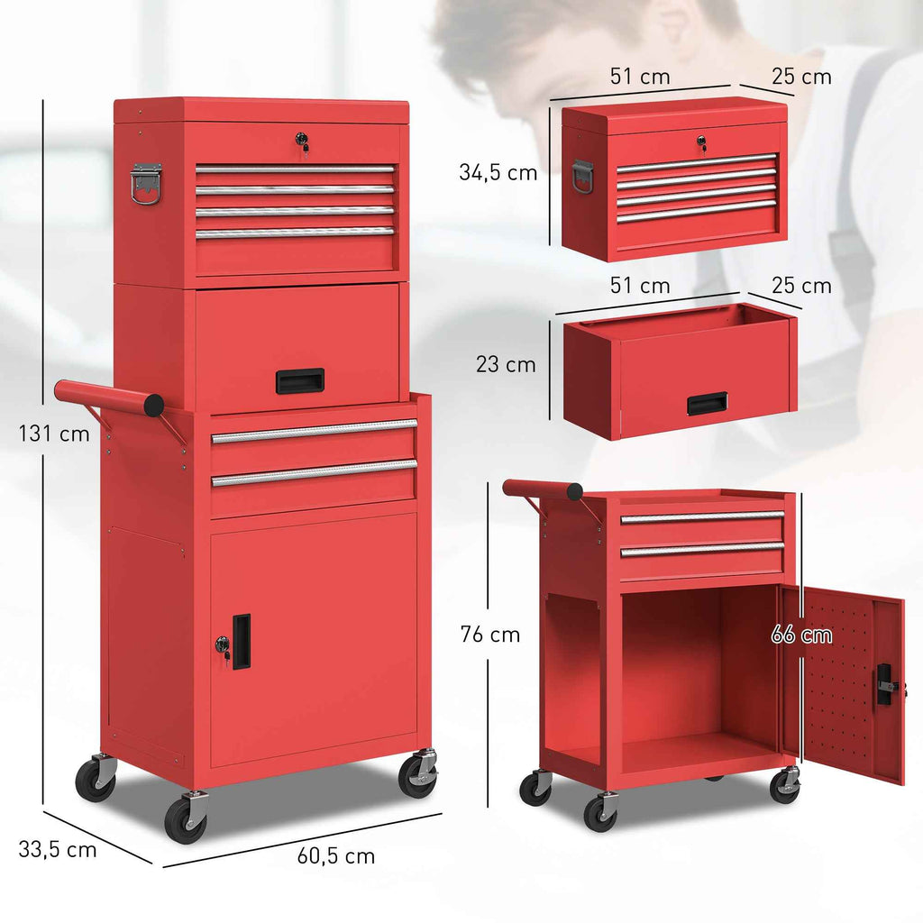 HOMCOM Steel Tool Cart with Lock, 6 Drawers, 2 Cabinets, Pegboard, Wheels and Handle, Red