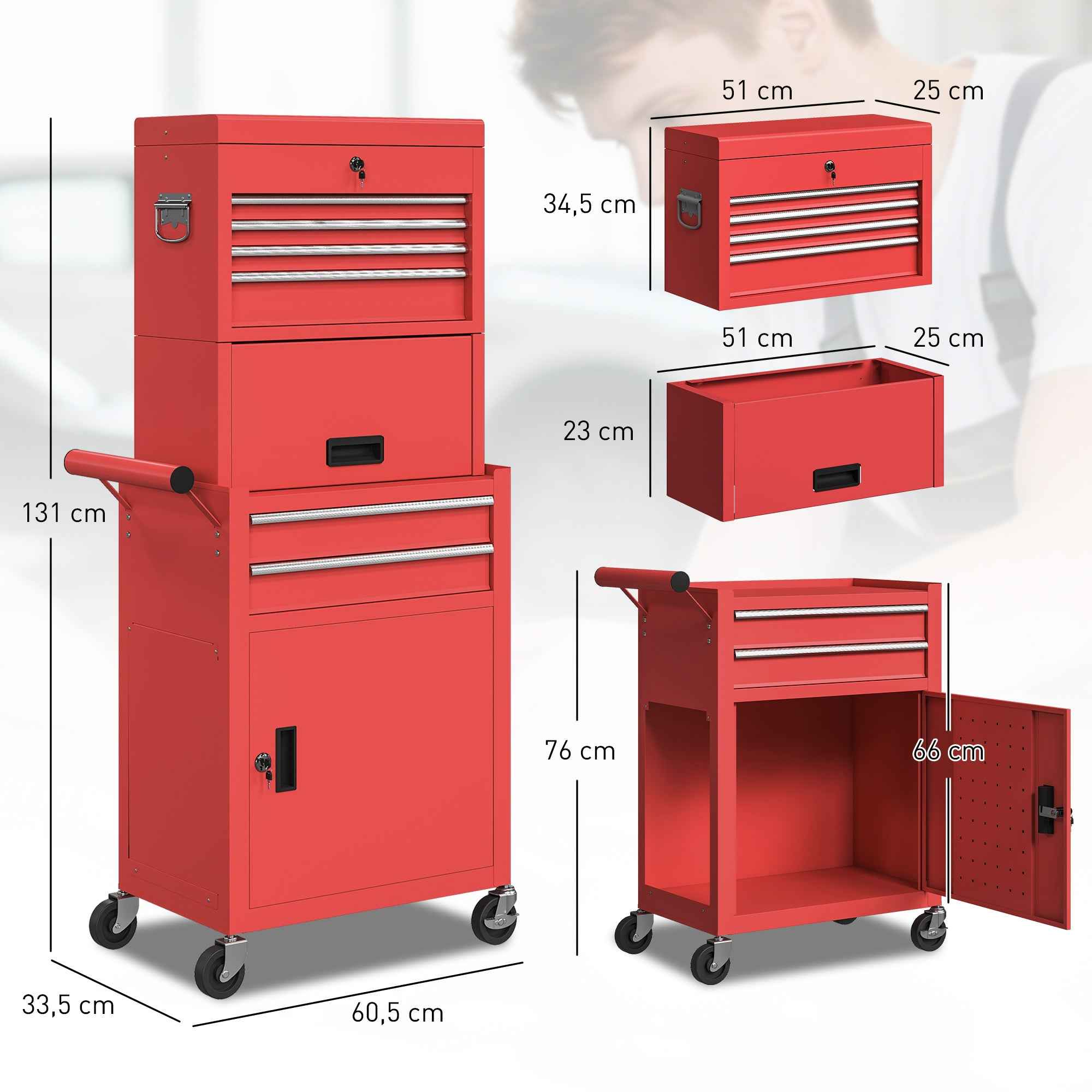 HOMCOM Steel Tool Cart with Lock, 6 Drawers, 2 Cabinets, Pegboard, Wheels and Handle, Red