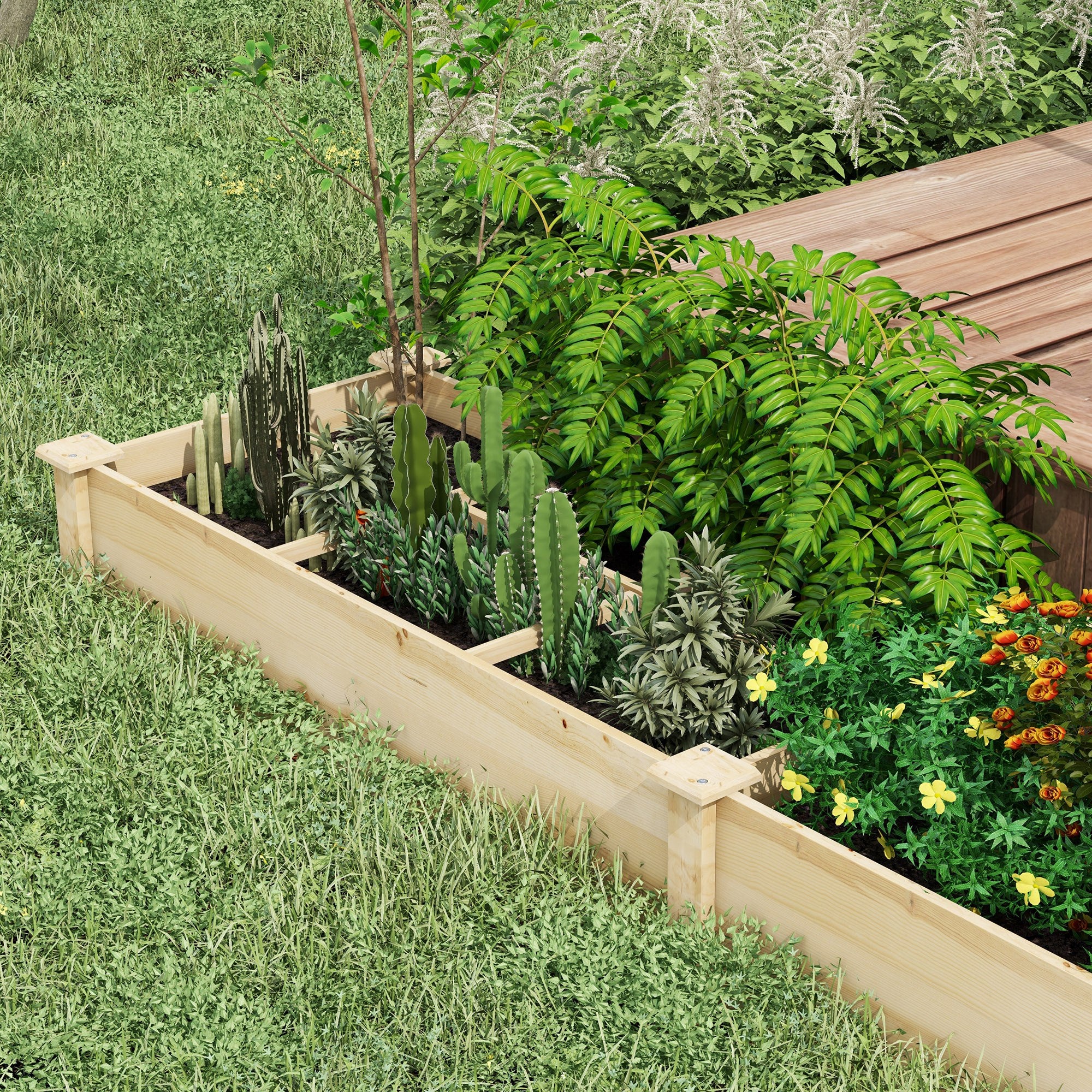 Raised Garden Bed with Internal Divider and Open Bottom, 237x60x25cm, Natural WoodRaised Garden Bed with Internal Divider and Open Bottom, 237x60x25cm, Natural Wood