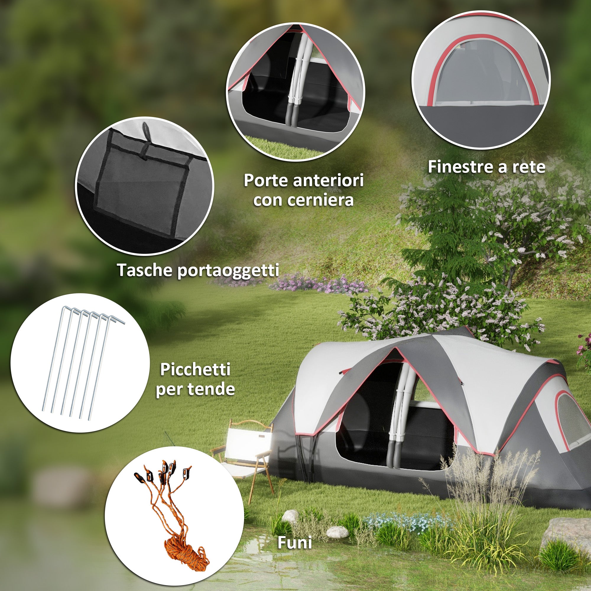 6 Person Camping Tent with 2 Separate Rooms, Polyester and Fiberglass, 450x215x180 cm, Grey