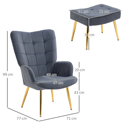 Modern Armchair with Ottoman Footstool, Velvet and Padded Set with Golden Legs, Grey