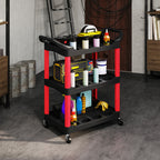 3-Tier Plastic Tool Cart with Handles and Wheels, Capacity 91 kg, 83x43x97 cm, Red