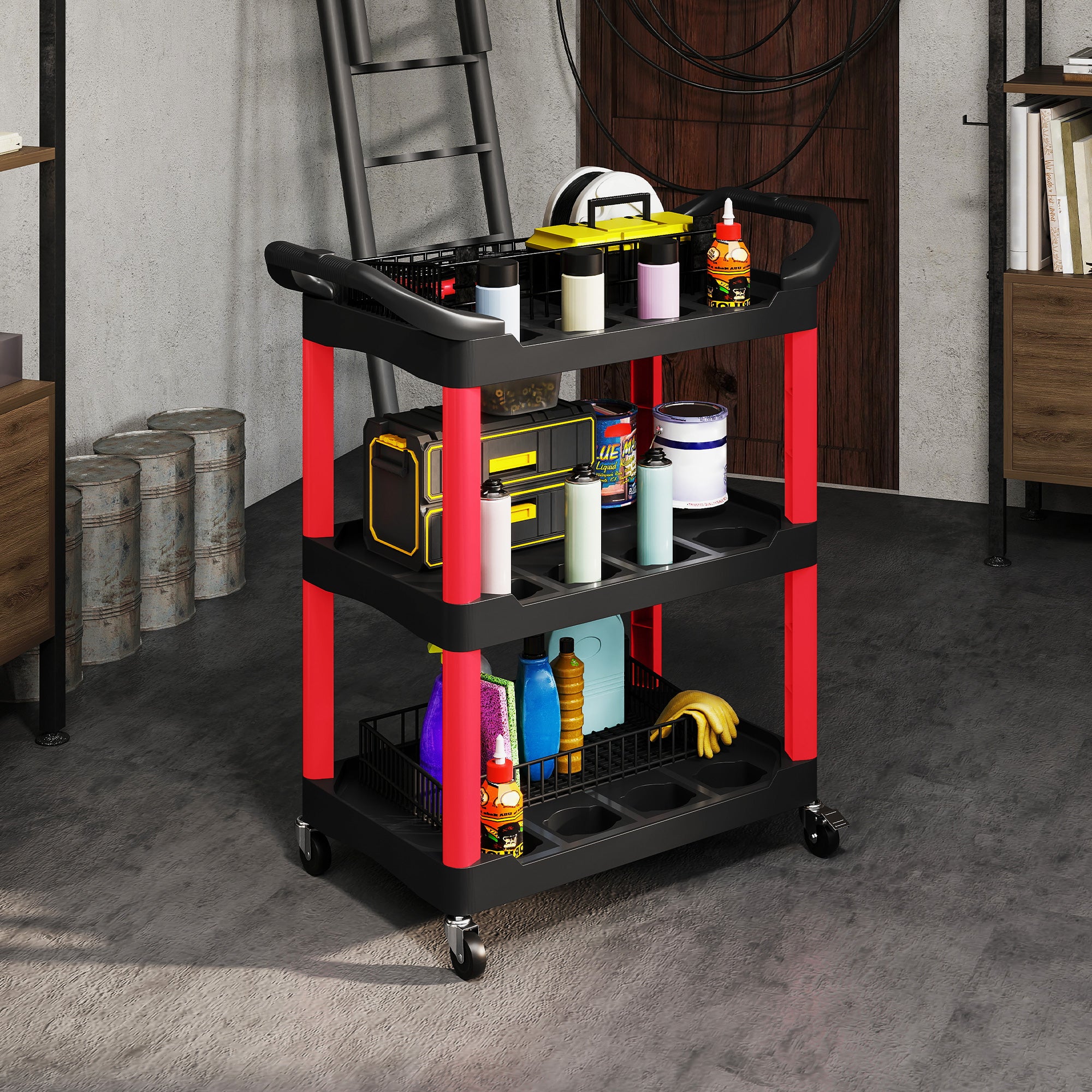 3-Tier Plastic Tool Cart with Handles and Wheels, Capacity 91 kg, 83x43x97 cm, Red