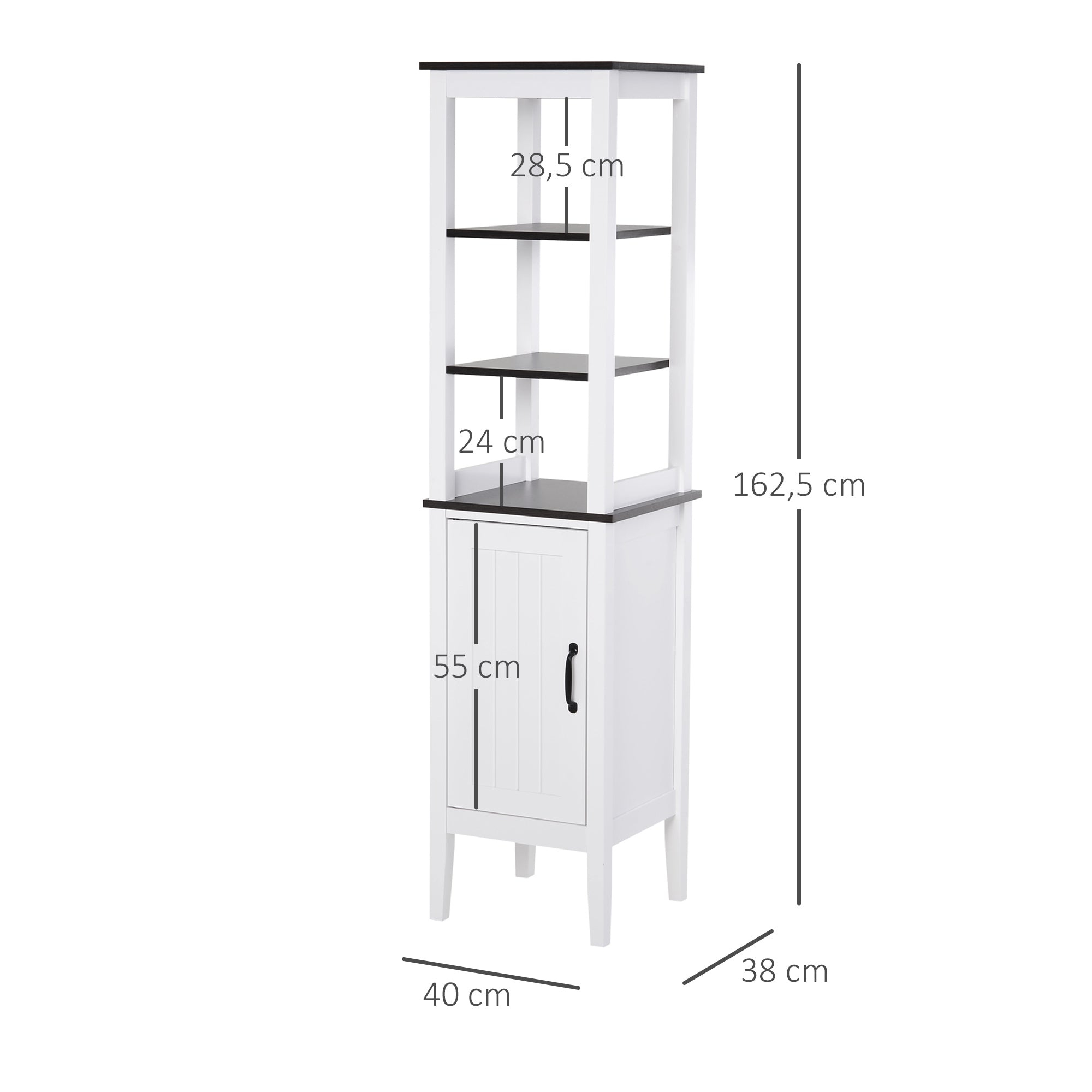 HOMCOM Tall Narrow Bathroom Cabinet, Space-Saving Bathroom Storage Cabinet with 3 Open Shelves, Adjustable Shelf, for Laundry Room, 40x38x162.5 cm, White