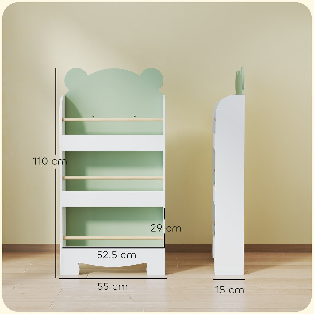 Children's Bookcase with 3 Shelves in the Shape of a Bear with Front Barriers, 55x15x110 cm, Green
