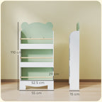 Children's Bookcase with 3 Shelves in the Shape of a Bear with Front Barriers, 55x15x110 cm, Green