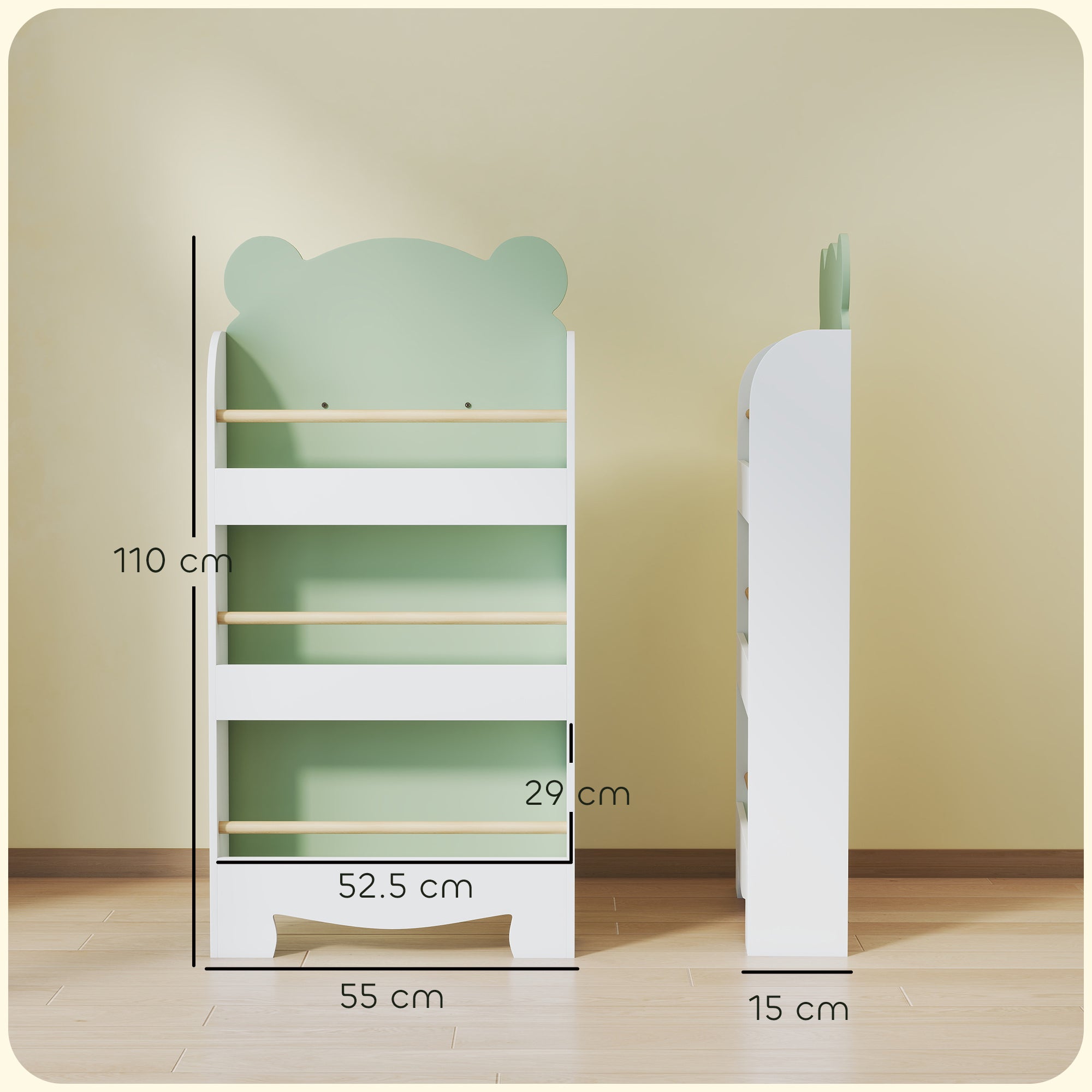 Children's Bookcase with 3 Shelves in the Shape of a Bear with Front Barriers, 55x15x110 cm, Green