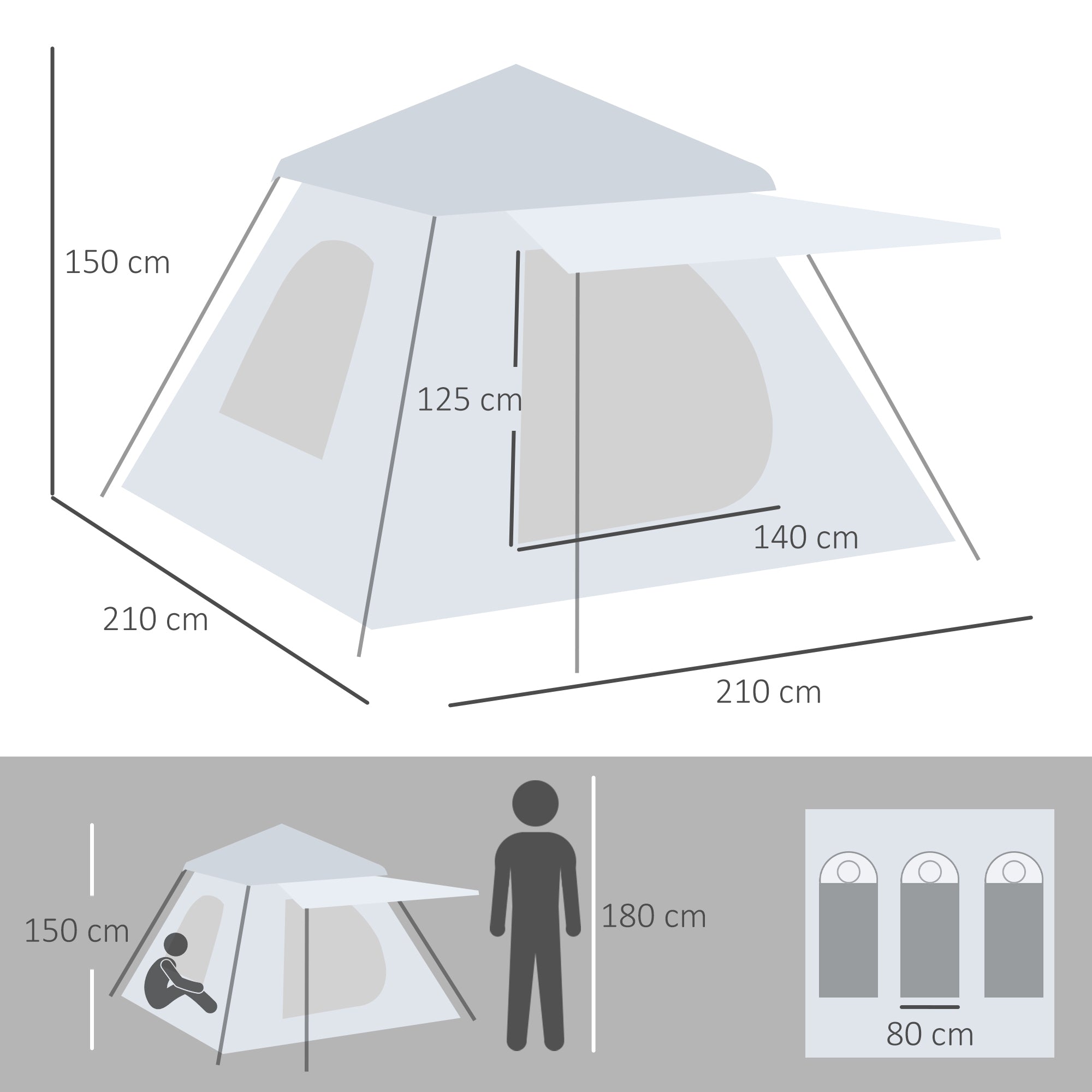 2-3 Person Camping Tent with Veranda, 210x210x150cm, Grey and White