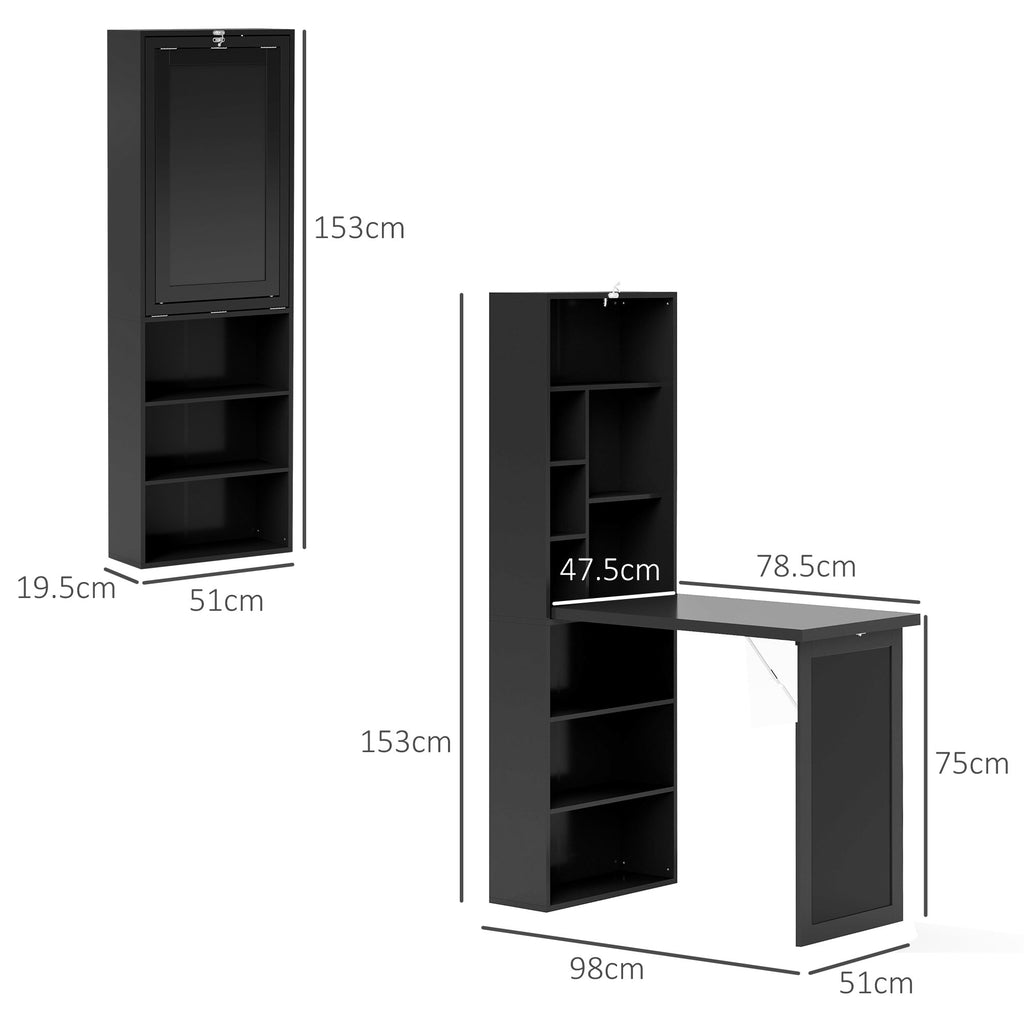 Modern Folding Desk with Bookshelf and Blackboard, Wood and Metal, 98x51x153 cm, Black