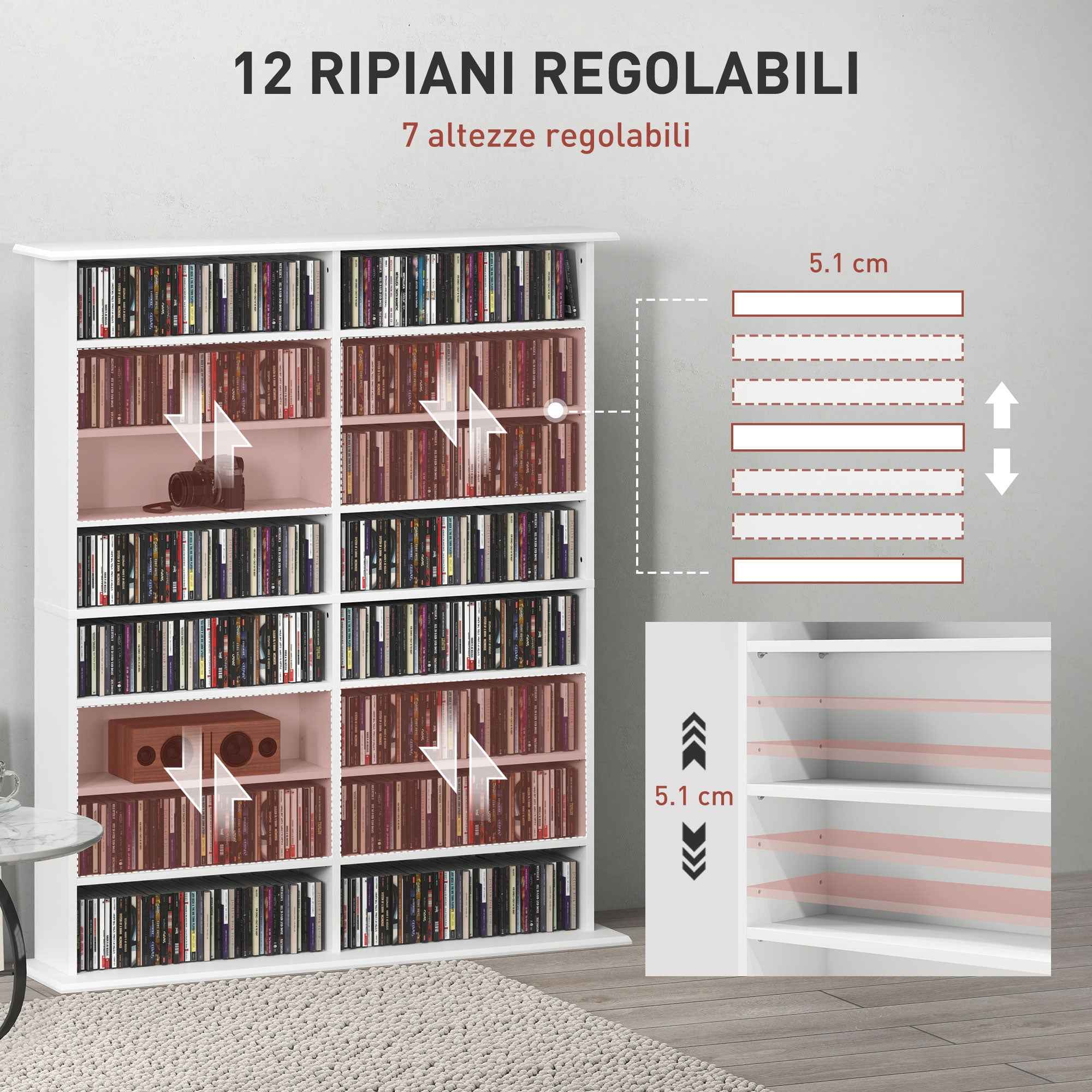 HOMCOM 16-Tier Modern Design Wooden CD Bookcase, 106.5x24x126.3 cm, White