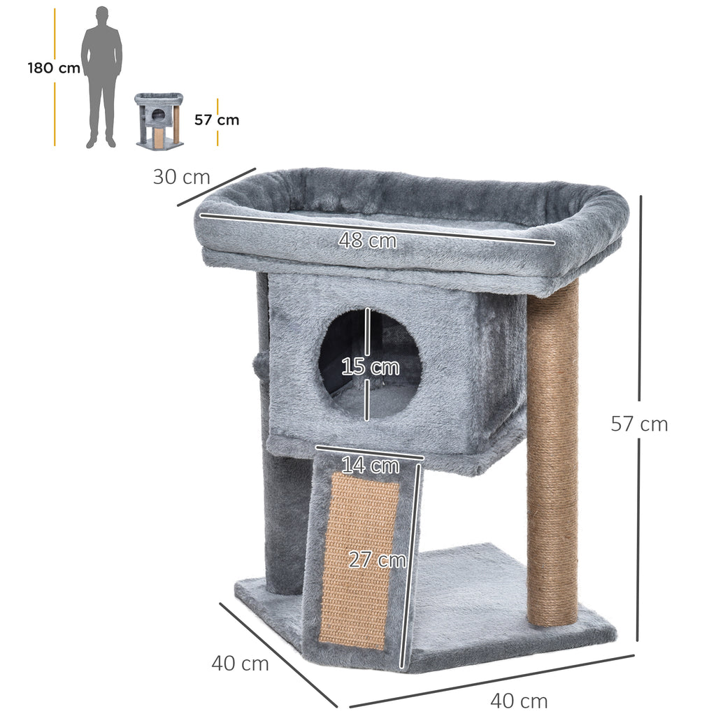 Cat Tree with Cat House and Plush Bed, Jute Scratching Post and Ball, Grey
