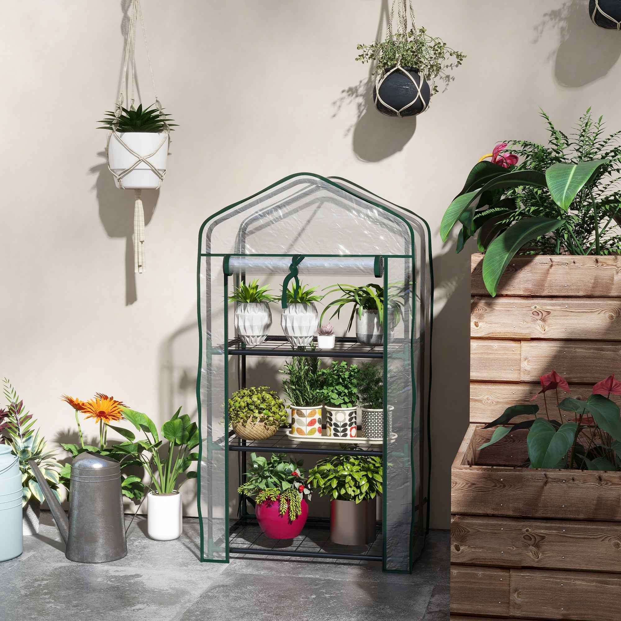 Outsunny Mini Garden Greenhouse with PE Cover, 3 Shelves and Roll-Up Door, 59x39x127 cm, Transparent