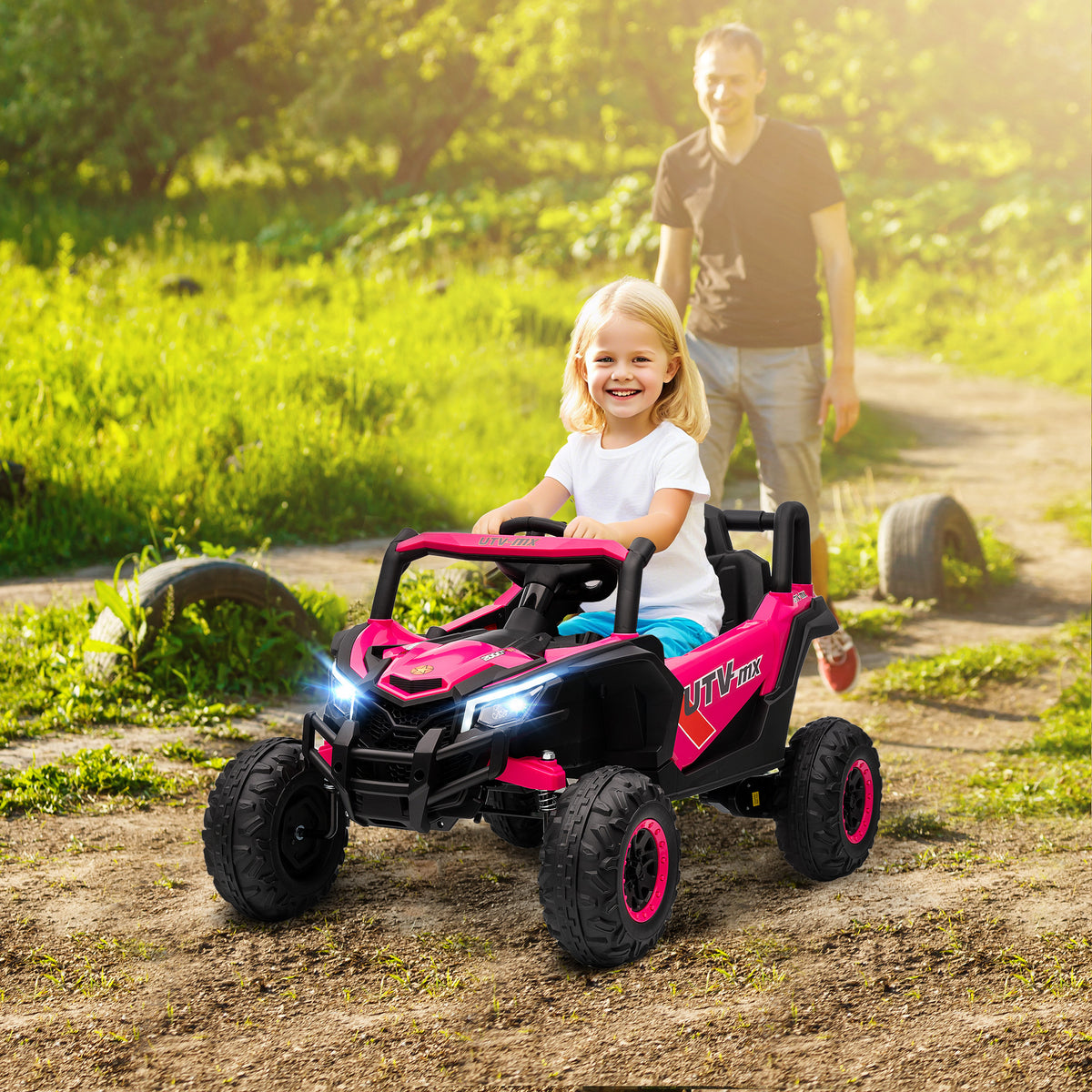 AIYAPLAY Kids Electric Ride-On UTV 12V with Seat Belt, Remote Control, Suspension, USB, 3-7 km/h, 3-5 Years, Pink