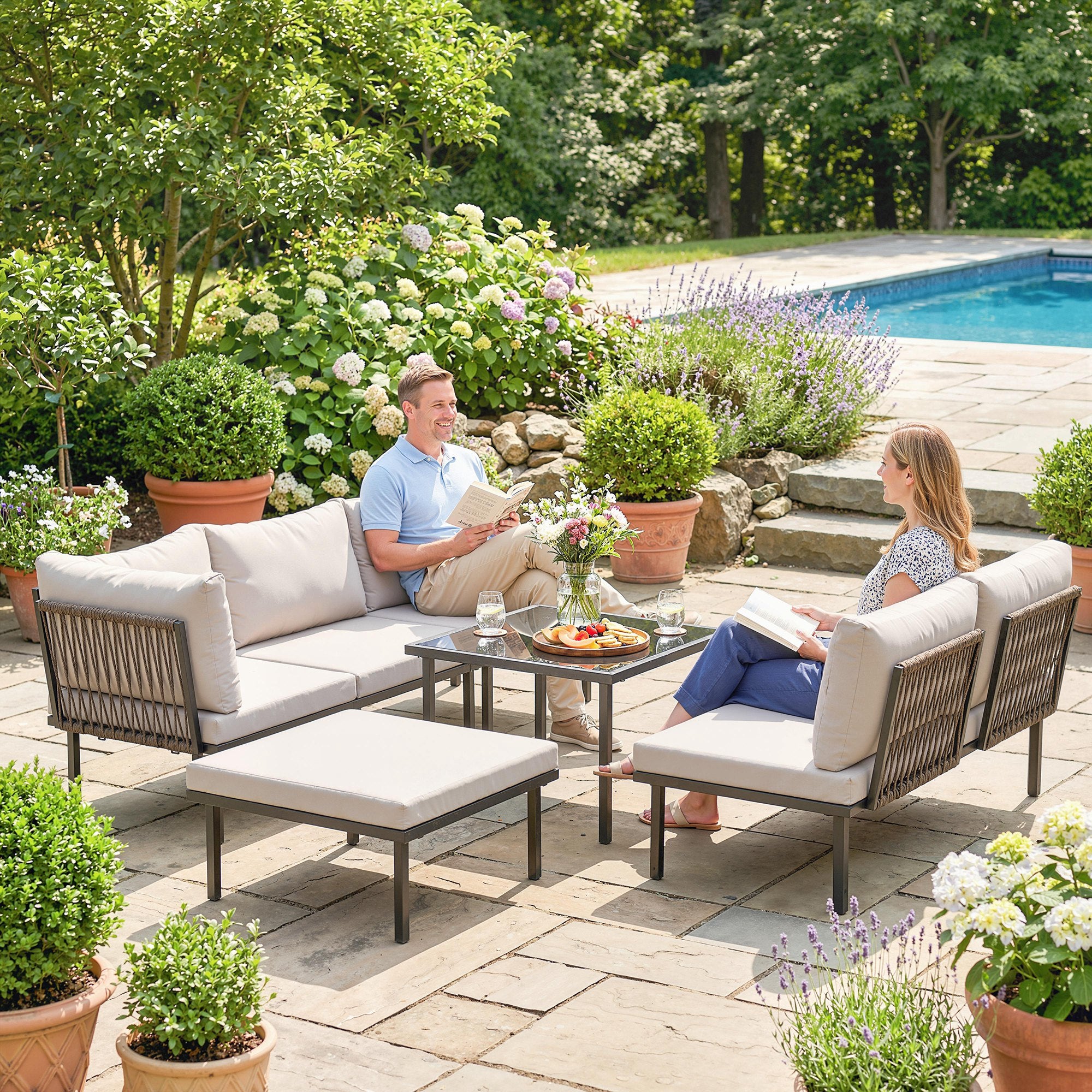 Outsunny 6-Person Metal Garden Furniture Set, Corner Sofa with Cushions, Light Grey