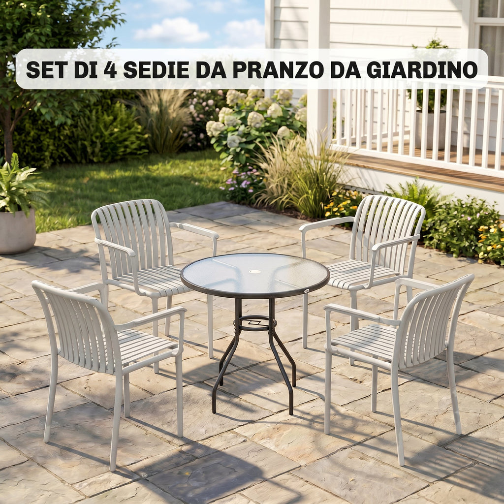 Outsunny Set of 4 Stackable Garden Chairs with Armrests, Plastic Slatted Design, Grey