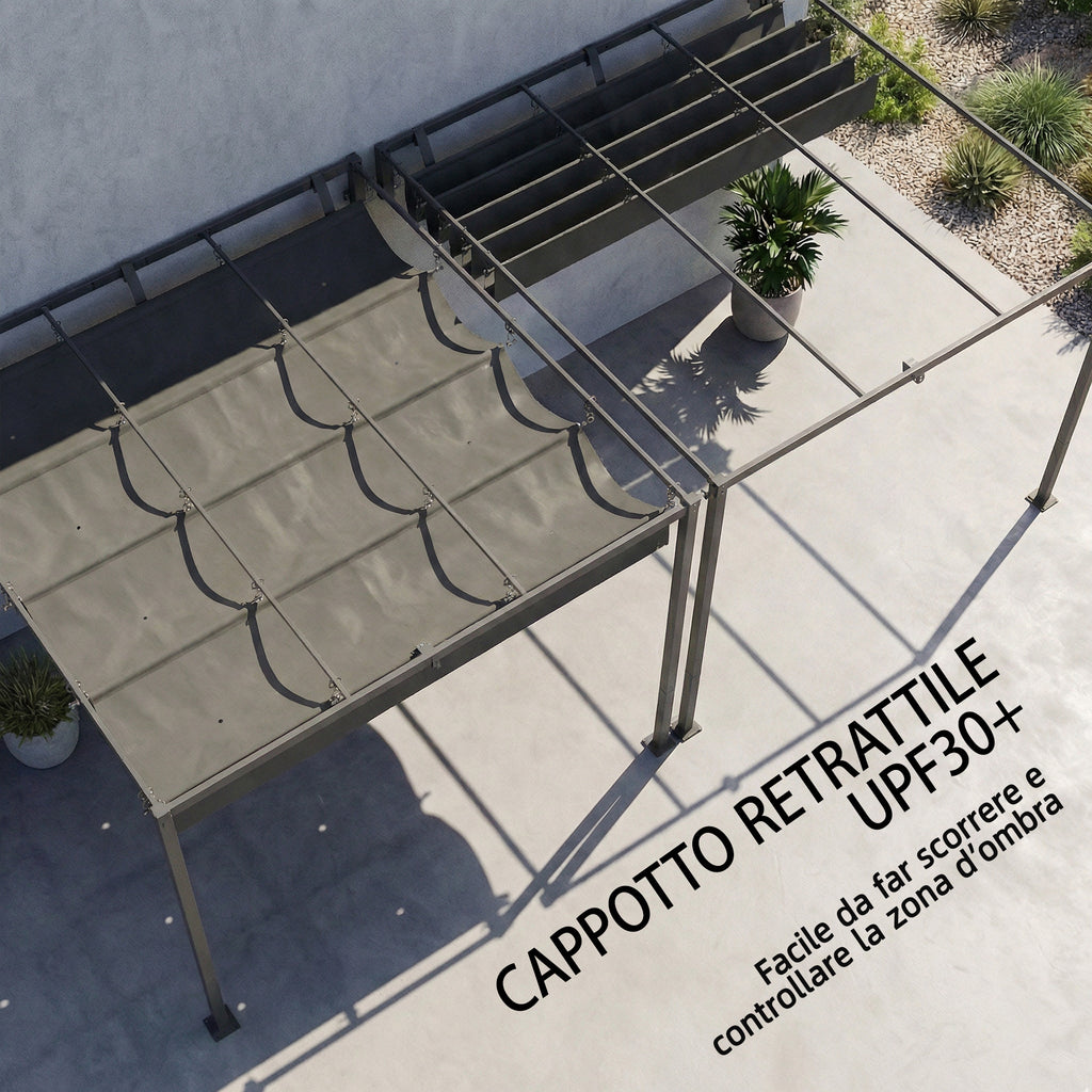 Outsunny 3x3m Lean-to Pergola with Retractable Sliding UV30+ Roof and Drainage Holes, Dark Grey