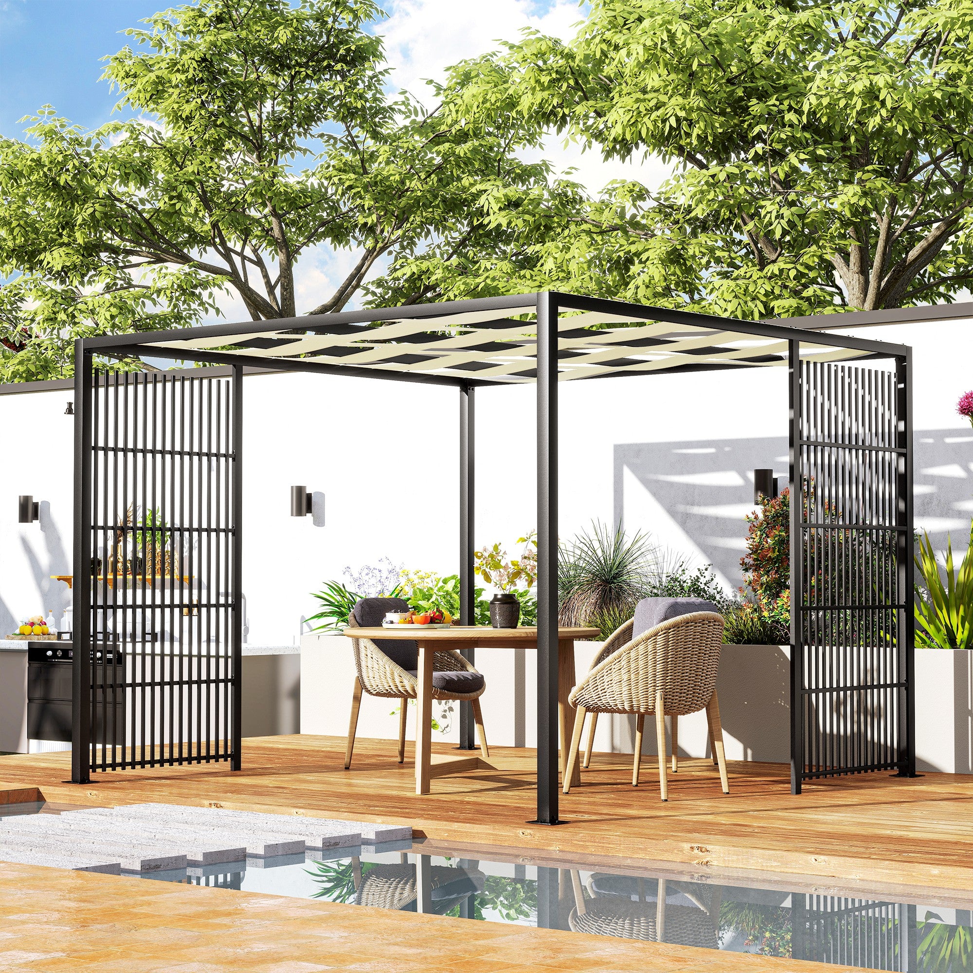 Outdoor Pergola 3x3 m with Wavy Covering and Side Panels, in Metal and Black Polyester
