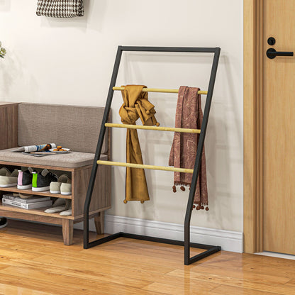 4-Bar Towel Rack in Steel and Bamboo, 60x35x102 cm, Black and Wood Color