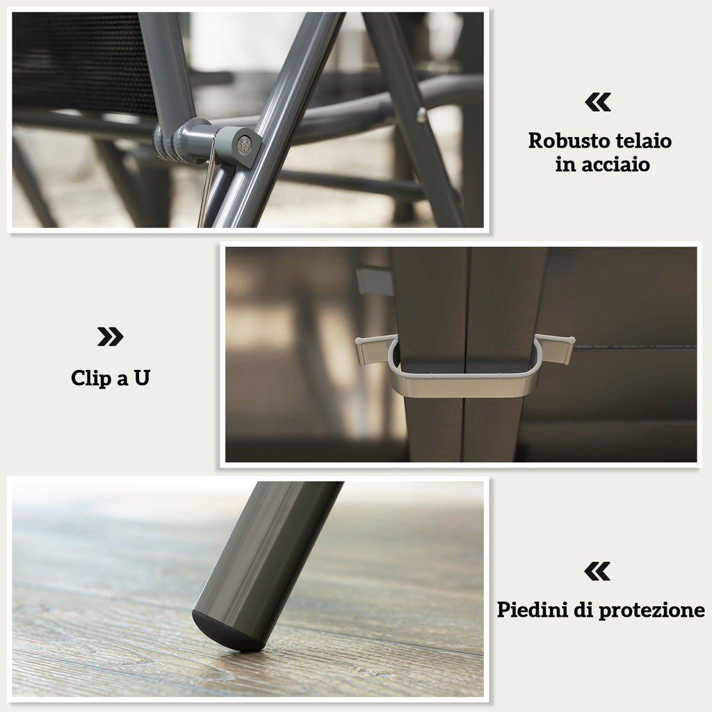 7 Piece Garden Set with 6 Folding Chairs and Extendable Table, in Steel, Aluminum and Mesh Grey and Black