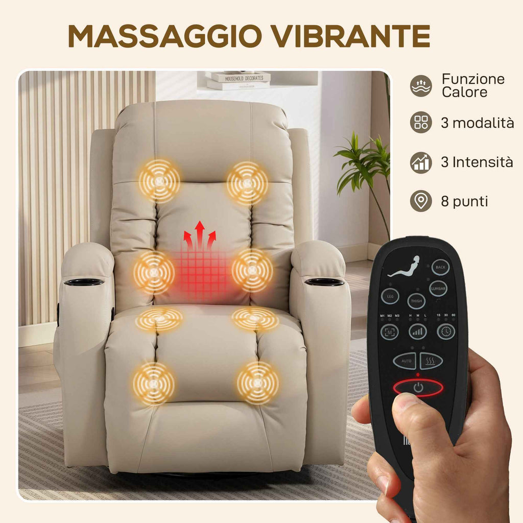 HOMCOM Heated Massage Recliner, 8 Massage Points and 3 Modes with Remote Control, PU Leather, Cream