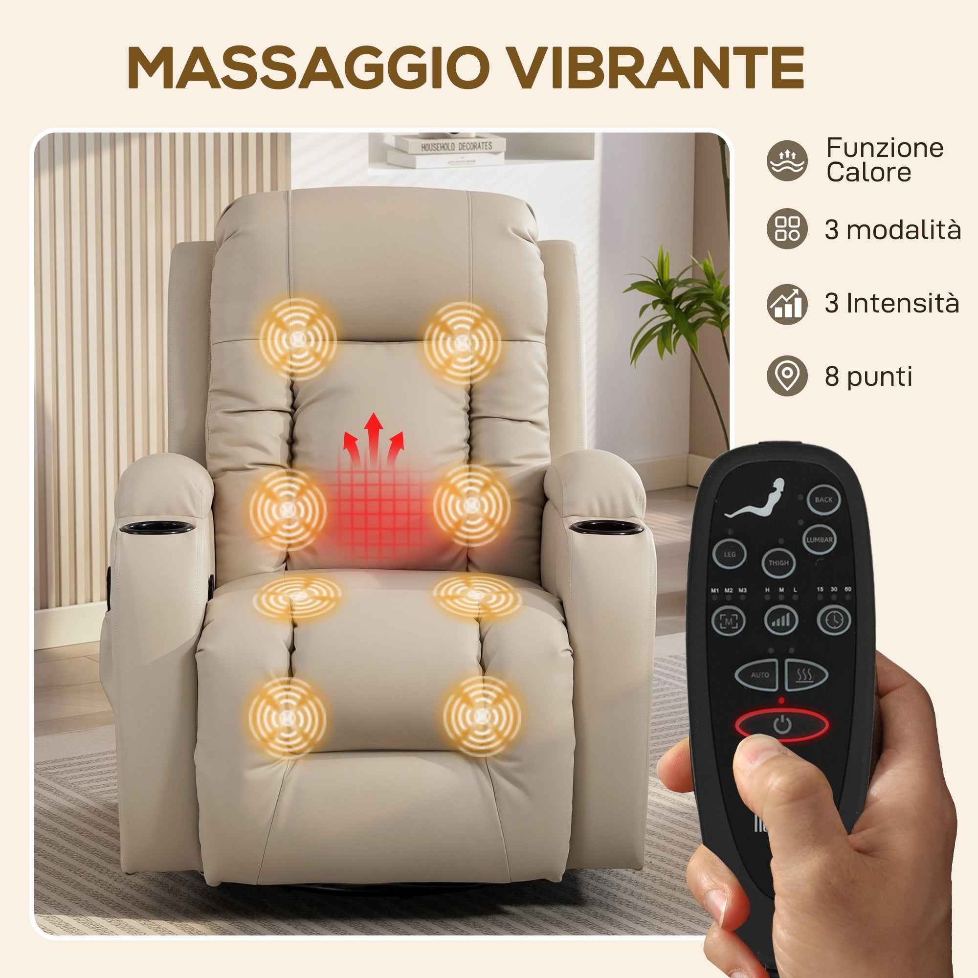 HOMCOM Heated Massage Recliner, 8 Massage Points and 3 Modes with Remote Control, PU Leather, Cream