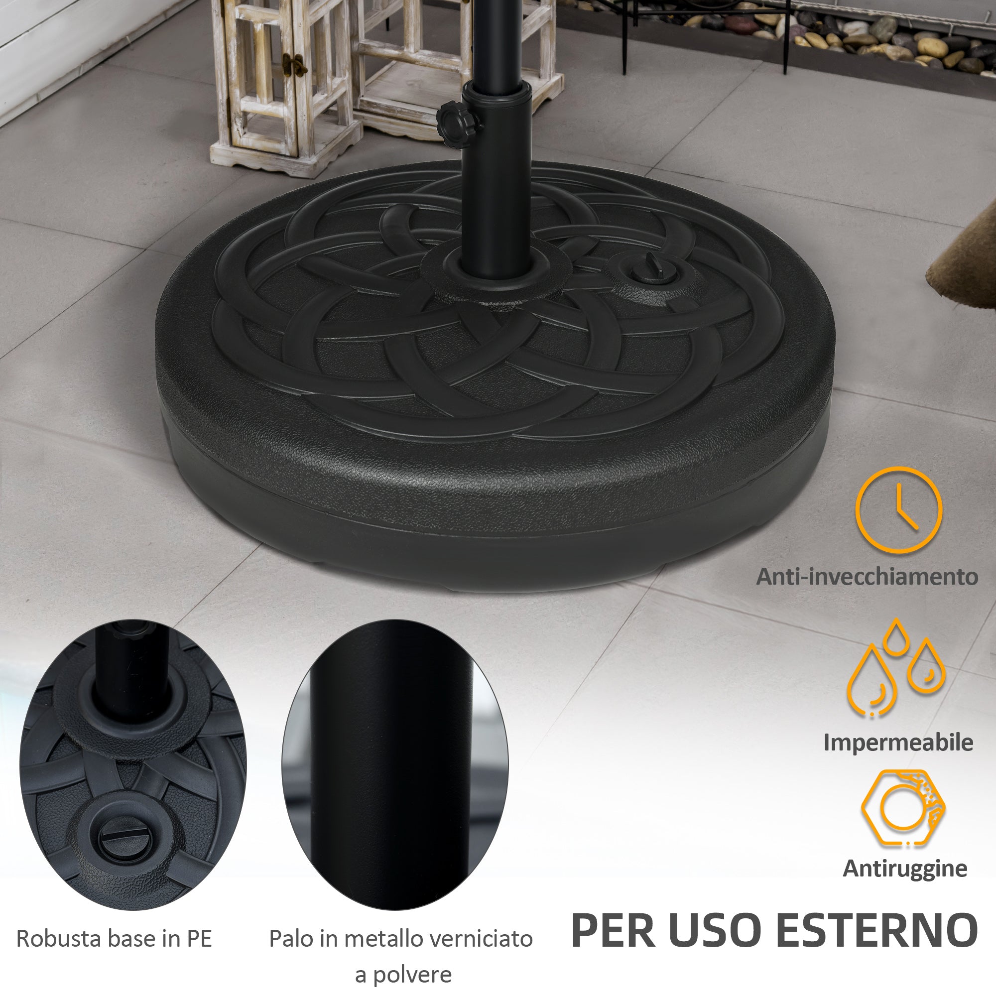 Round Plastic Umbrella Base Fillable with Water and Sand for 38-48 mm Poles, Ø56 cm, Black
