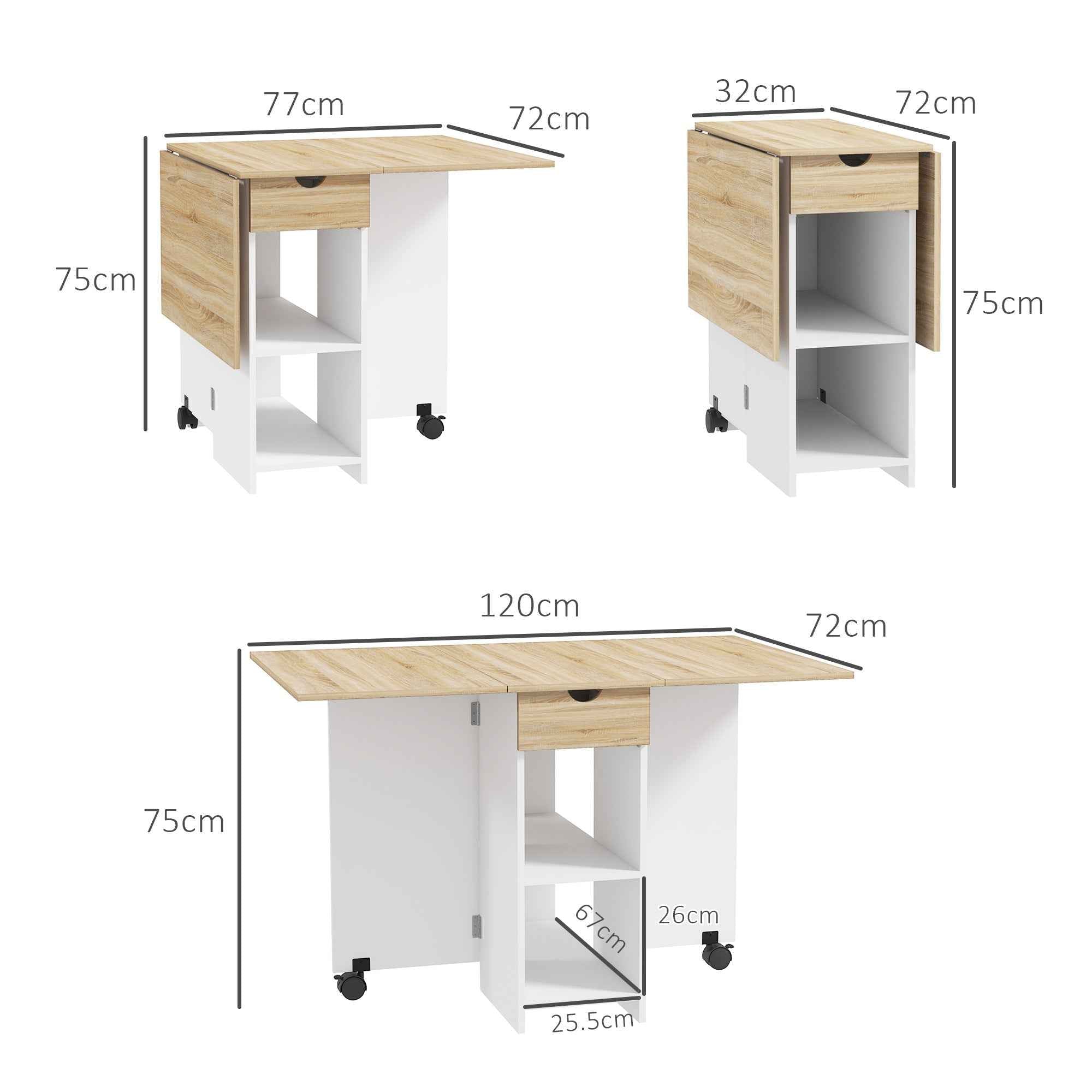 HOMCOM Folding Dining Table with Drawer and Shelves, Space-Saving Table with Flip-Up Flaps for Kitchen, Dining Room, Living Room, Oak