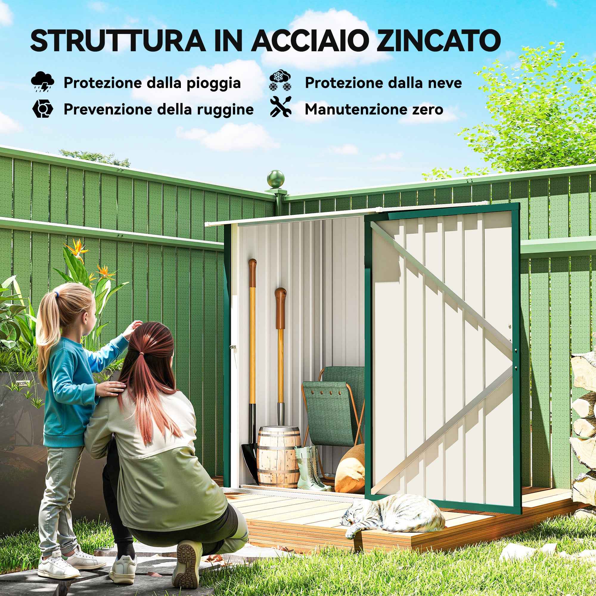 Outsunny Galvanized Steel Garden Shed with Hinged Door, 100x104x160 cm, Green
