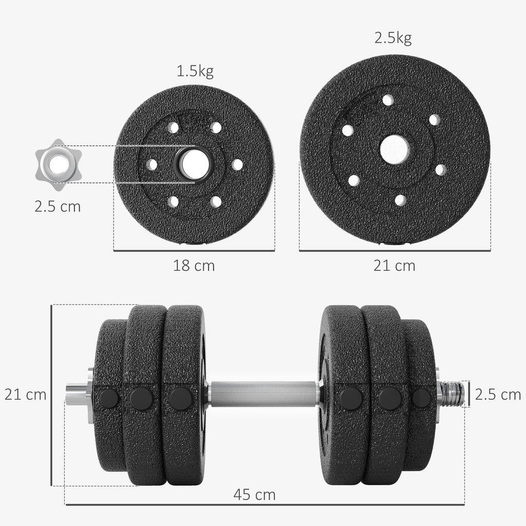 30kg Dumbbell Weight Set (8x2.5kg, 4x1.5kg) with 12 Discs and 2 x 2kg Dumbbells, 43x18x7.5cm, Black