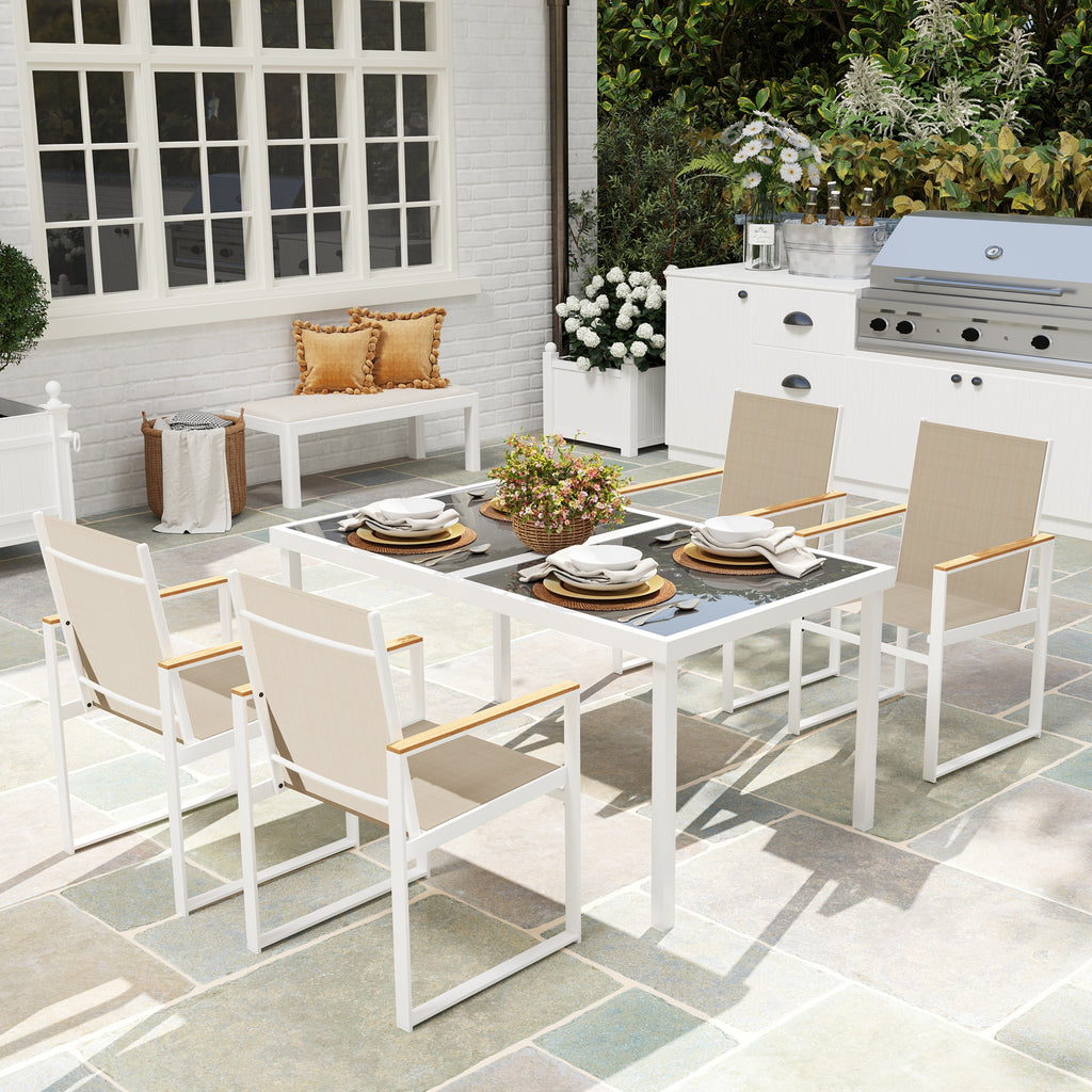 Rectangular Glass Dining Table and 4 Armchairs Garden Set, Multicolor