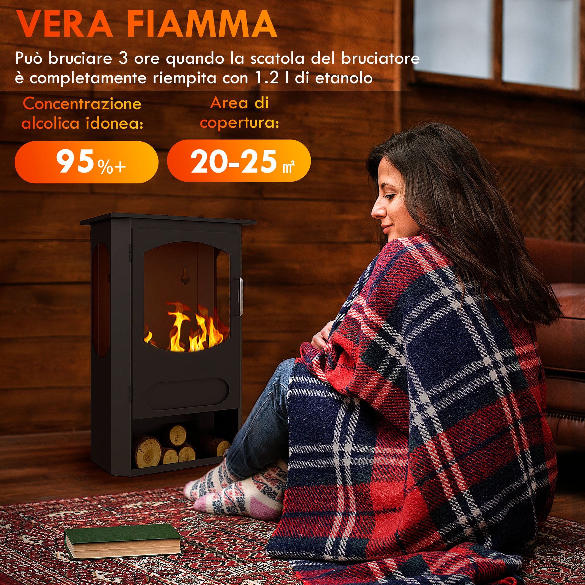 Freestanding Bioethanol Fireplace, 1.2L Burner, 3 Hour Burn Time, 20-25m² Heated Area, Black