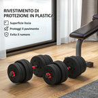 Set of 2 Non-Slip Dumbbells with 16 Weight Discs of 30 kg Total and Connector, in Steel, HDPE and Sand, Black