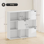 Cube Bookcase with 6 Open and 3 Closed Sections, White Wood, 106x24x95 cm