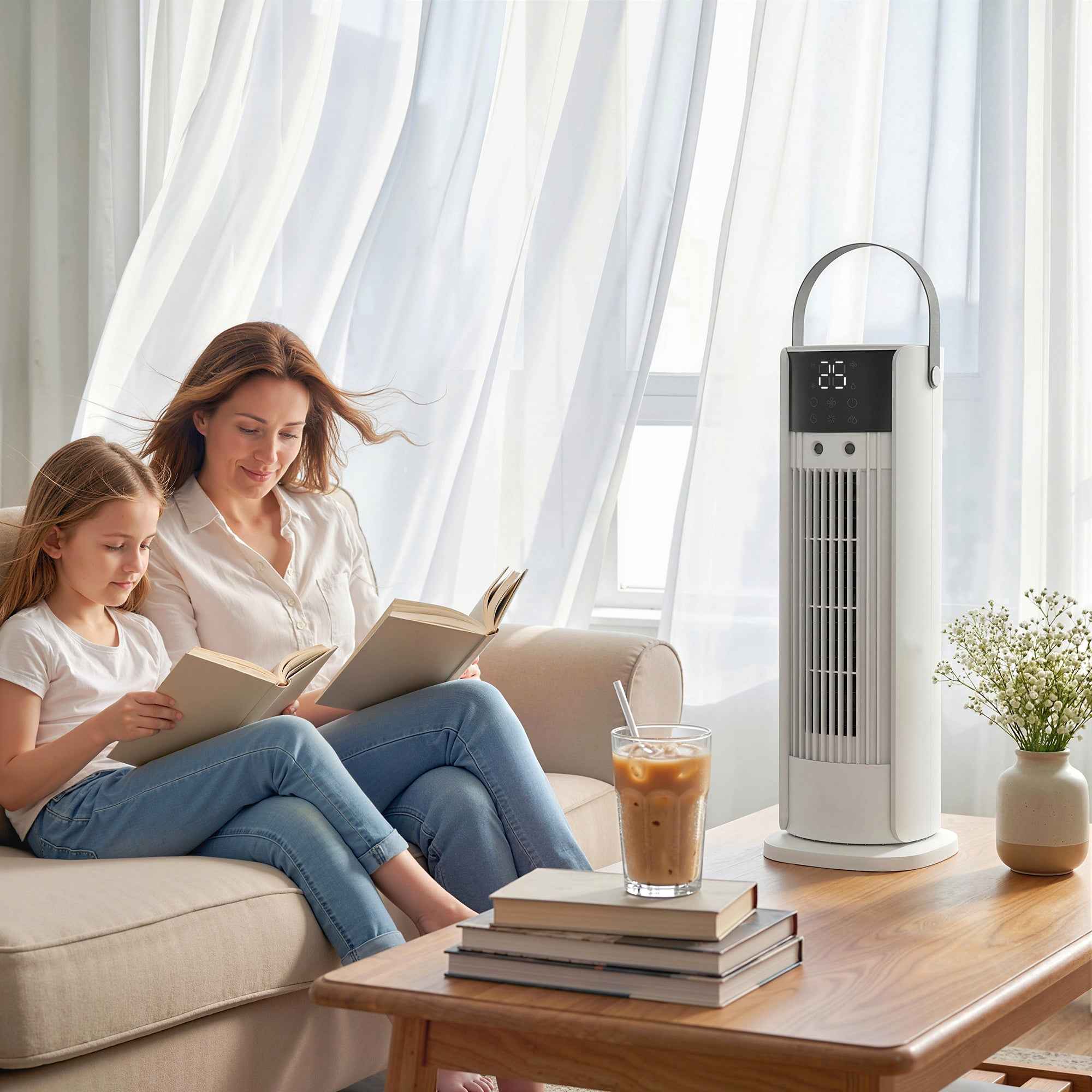 HOMCOM Misting Table Fan, Remote Control, Handle, LED Lights, 3 Speeds, 10-Hour Timer, White